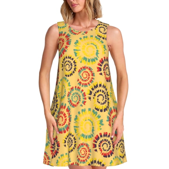 Naloa Colourful Tie Dye 1 Print Women's Summer Spring Casual Beach Sundress,Vacation Sleeveless Tank Crewneck Loose Dresses