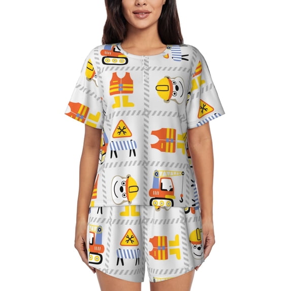 Naloa Construction Equipments Worker Women's Short-Sleeved Pajama Set, Loungewear, Summer pajamas, Breathable Cozy - Small