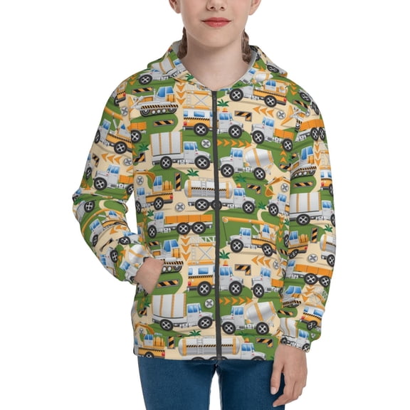 Naloa Construction Machinery1 Teenage Zipper Hoodie, Long Sleeve Zip Up Hoodies Casual Jackets Tops for 7-12 Years-Medium