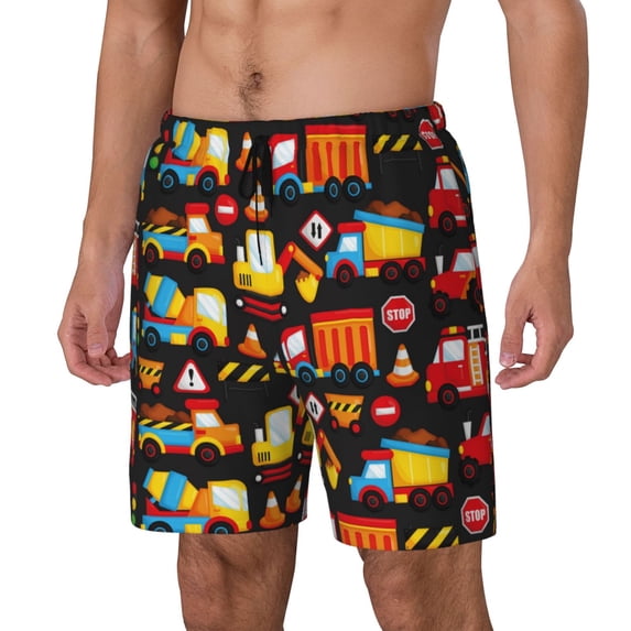 Naloa Construction Truck Print Men Swim Trunks with Compression Liner ,Board Shorts,Men's Swim Shorts with Drawstring and Elastic Waistband-XX-Large