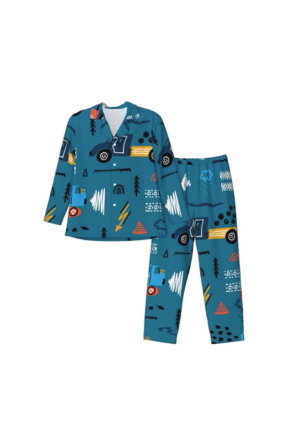 Construction Trucks Men’s Pajamas Set - Long Sleeve Button Down Sleep Shirt and Pajama Bottoms Sleepwear Set-Medium