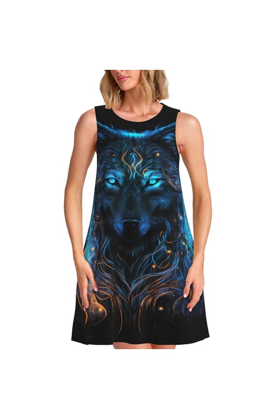 Cool Blue Light Wolf Print Women's Summer Spring Casual Beach Sundress,Vacation Sleeveless Tank Crewneck Loose Dresses