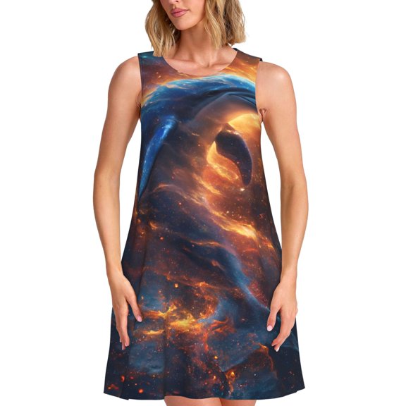 Naloa Cool Dolphin Print Women's Summer Spring Casual Beach Sundress,Vacation Sleeveless Tank Crewneck Loose Dresses