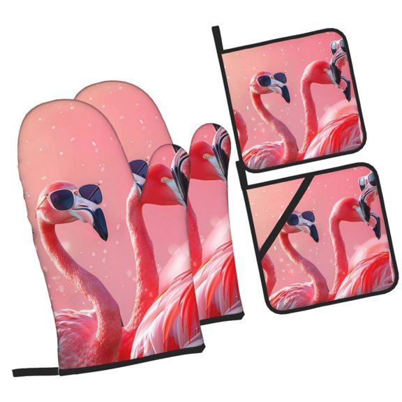 Naloa Cool Flamingos Sunglasses Scene Oven Mitts and Pot Holders 4 pcs Set, Cooking Baking Grilling Kitchen Oven Glove for Cooking