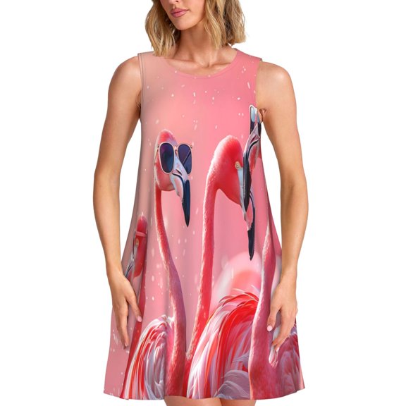 Naloa Cool Flamingos Sunglasses Scene Print Women's Summer Spring Casual Beach Sundress,Vacation Sleeveless Tank Crewneck Loose Dresses