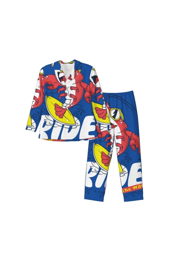 Cool Lobster Surfing Men’s Pajamas Set - Long Sleeve Button Down Sleep Shirt and Pajama Bottoms Sleepwear Set-Large