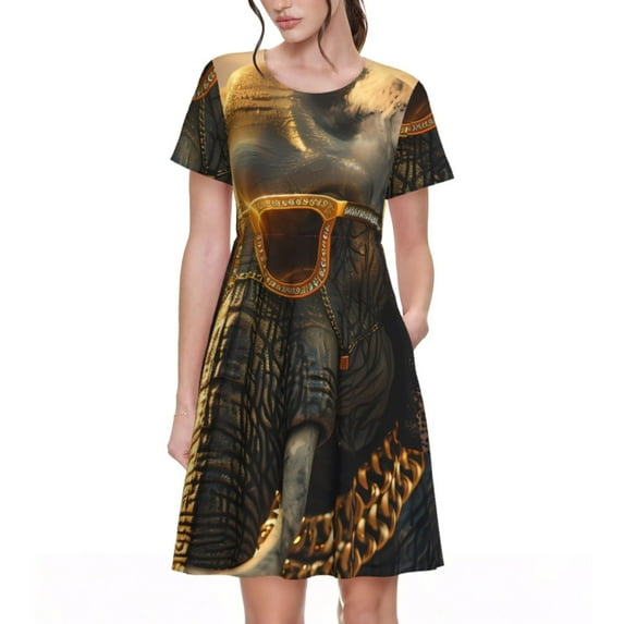 Naloa Cool Sunglasses Elephant Art Print Womens Summer A-Line Dress with Pockets,Short Sleeve Dresses,Flowy Beach Swing Dress for Vacation Travel