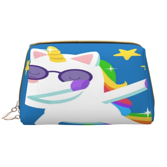 Naloa Cool Unicorn Star Golden Leather Makeup Bag for Purse Travel, Portable Small Cosmetic Organizer for Women and Girls, Make up Bag with Zipper