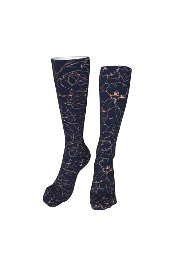 Copper-Gold Gloss Outline Flower High Stockings Women Thigh High Stockings Over Knee Long Stockings-One Size