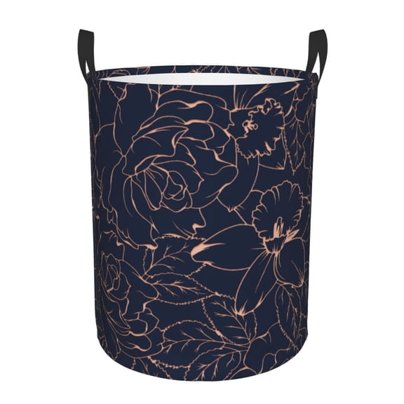 Naloa Copper-Gold Gloss Outline Flower Large Laundry Basket Waterproof Round Collapsible Storage bin with Handles for Hamper Kids Room,Toy Storage