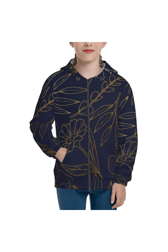 Copper-Gold Gloss Outline Flower Teenage Zipper Hoodie, Long Sleeve Zip Up Hoodies Casual Jackets Tops for 7-12 Years-Medium
