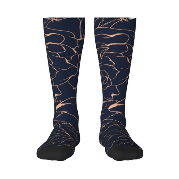 Naloa Copper-Gold Gloss Outline Flower Thigh High Socks Extra Long Stretchy Sock Women Over Knee High Opaque Stocking Daily Wear