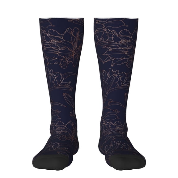 Naloa Copper-Gold Gloss Outline Flower1 Thigh High Socks Extra Long Stretchy Sock Women Over Knee High Opaque Stocking Daily Wear
