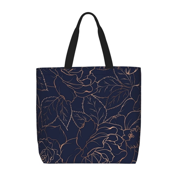 Naloa Copper-Gold Gloss Outline Navy Dark Blue Tote Bag for Women, Foldable Tote Bag With Zipper, Large Shoulder Bag, Top Handle Handbag for Travel, Work, Shopping