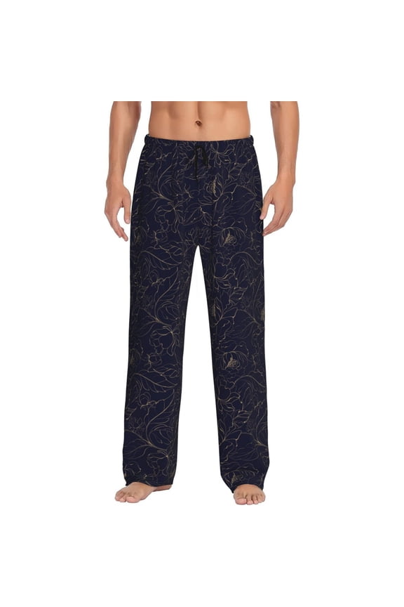 Copper-Gold Gloss Outline Peony Pajama Pants Men, PJ Bottoms, Sleep & Lounge Pants-Small
