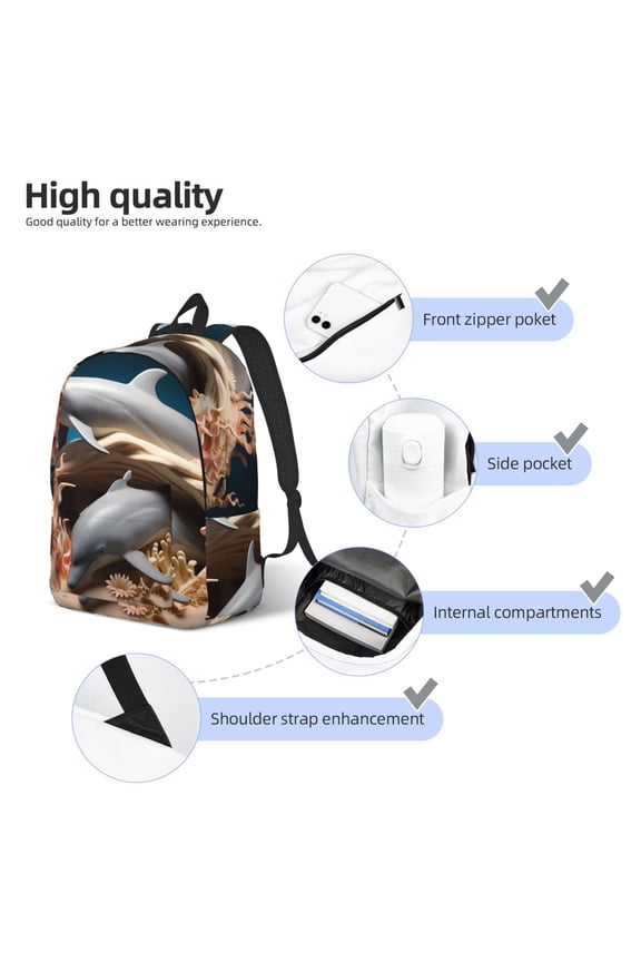 Coral Fish Dolphin Print Durable Canvas College Rucksack,Laptop Excursion Backpack,Travel Notebook School Backpack,Bookbag For Men Women