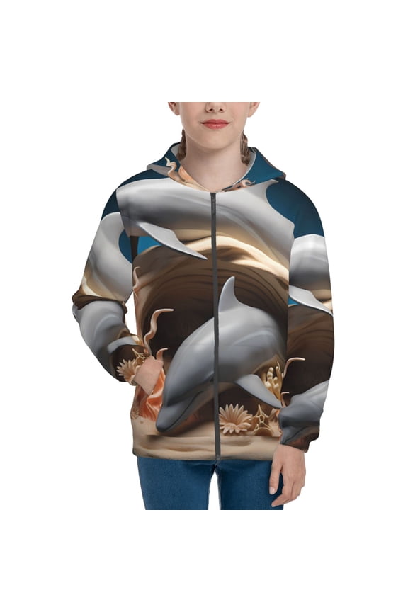 Coral Fish Dolphin Teenage Zipper Hoodie, Long Sleeve Zip Up Hoodies Casual Jackets Tops for 7-12 Years-Small