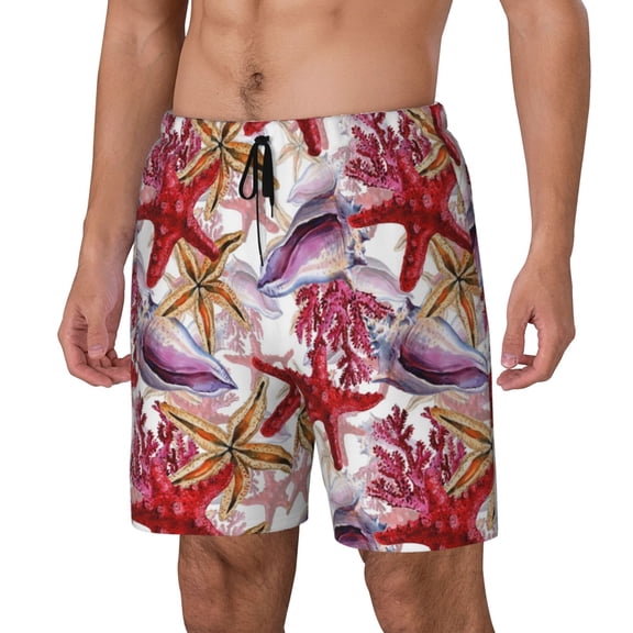 Naloa Coral Reef Print Men Swim Trunks with Compression Liner ,Board Shorts,Men's Swim Shorts with Drawstring and Elastic Waistband-Small