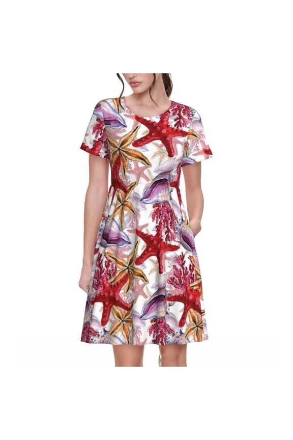 Coral Reef Print Womens Summer A-Line Dress with Pockets,Short Sleeve Dresses,Flowy Beach Swing Dress for Vacation Travel