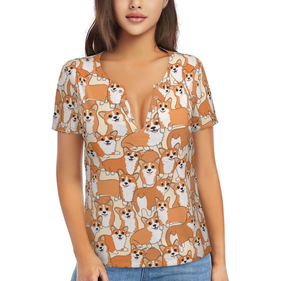 Naloa Corgi Animal Print T-Shirts Short Sleeve V Neck Tees for Women Fashion Tops Trendy Lightweight Soft Casual Summer Outfits Clothes