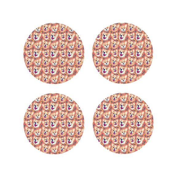 Naloa Corgi Head with Floal Leather Coasters for Drinks, Durable Drink Coasters 4 Set for Tabletop Protection, Luxurious Home Décor and Housewarming Gift ( {designName})Round Shape