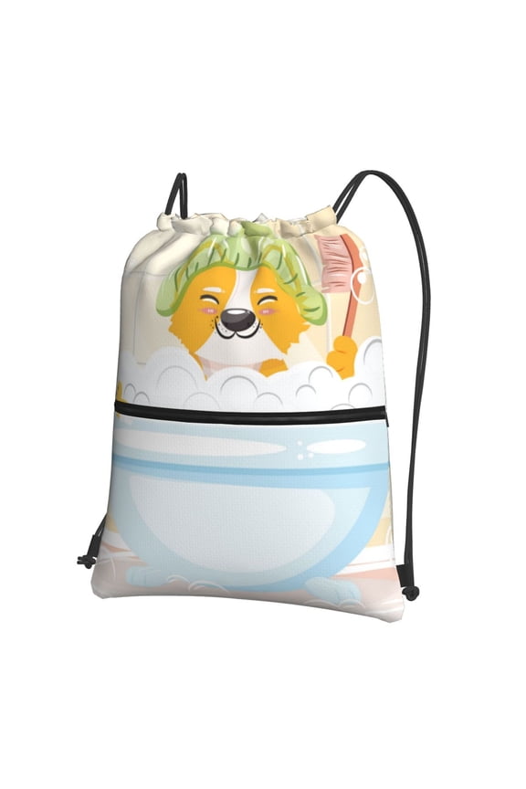 Corgi In The Shower Cap Bathing Drawstring Backpack String Bag Cinch Water Resistant for Gym Shopping Sport Yoga