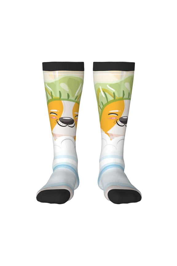 Corgi In The Shower Cap Bathing Thigh High Socks Extra Long Stretchy Sock Women Over Knee High Opaque Stocking Daily Wear