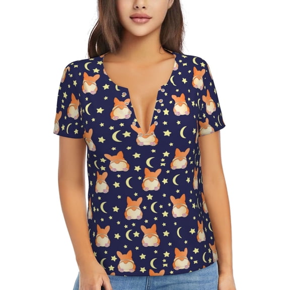 Naloa Corgi Lying With Moons And Stars Print T-Shirts Short Sleeve V Neck Tees for Women Fashion Tops Trendy Lightweight Soft Casual Summer Outfits Clothes