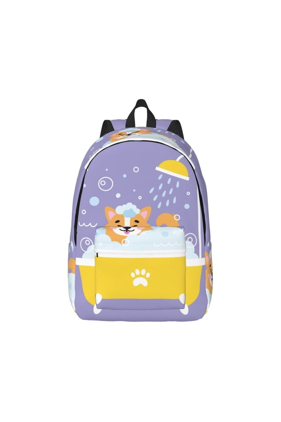 Corgi Washing in Bathtub Canvas Backpack for Men Women Rucksack Casual Travel Daypack College Tote Satchel Bookbag for Teens-Small