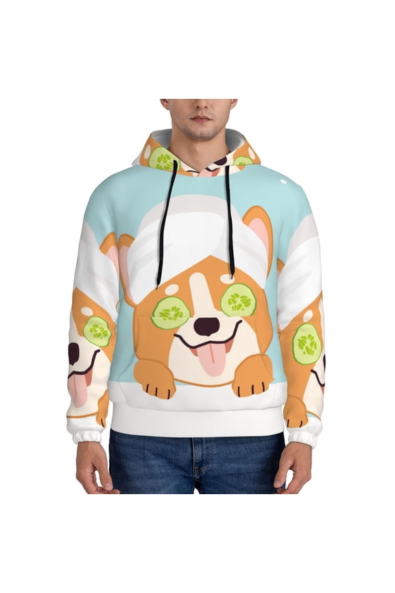 Corgi With Towel Ans Slice Cucumber Men's Casual Hooded Collar Drawstring Hoodies Pullover Sweatshirts Casual Long Sleeve Shirts-Large