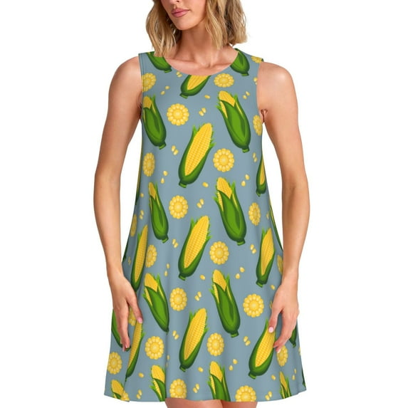 Naloa Corn On The Leaves Print Women's Summer Spring Casual Beach Sundress,Vacation Sleeveless Tank Crewneck Loose Dresses