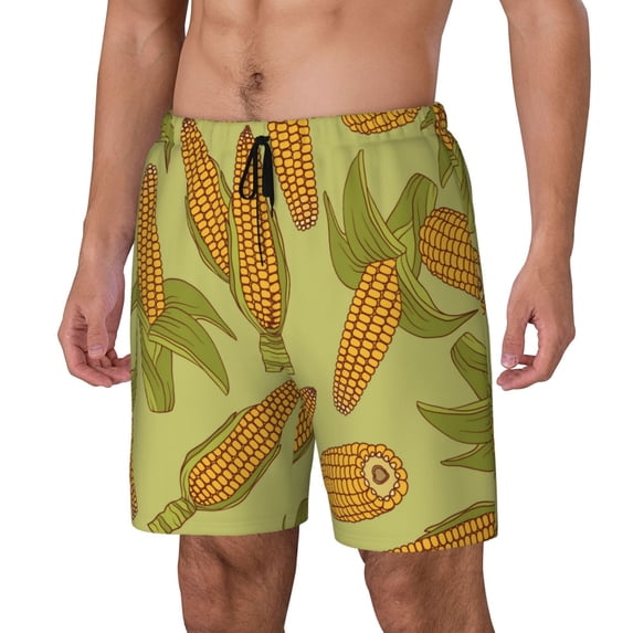 Naloa Corn Print Men Swim Trunks with Compression Liner ,Board Shorts,Men's Swim Shorts with Drawstring and Elastic Waistband-Large