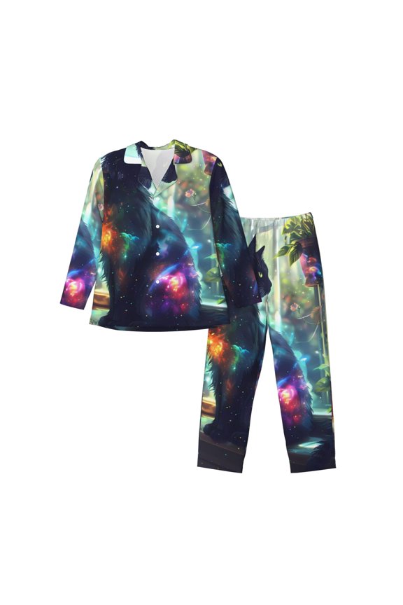 Cosmic Cat In Window Mens Pajamas Set - Long Sleeve Button Down Sleep Shirt and Pajama Bottoms Sleepwear Set-