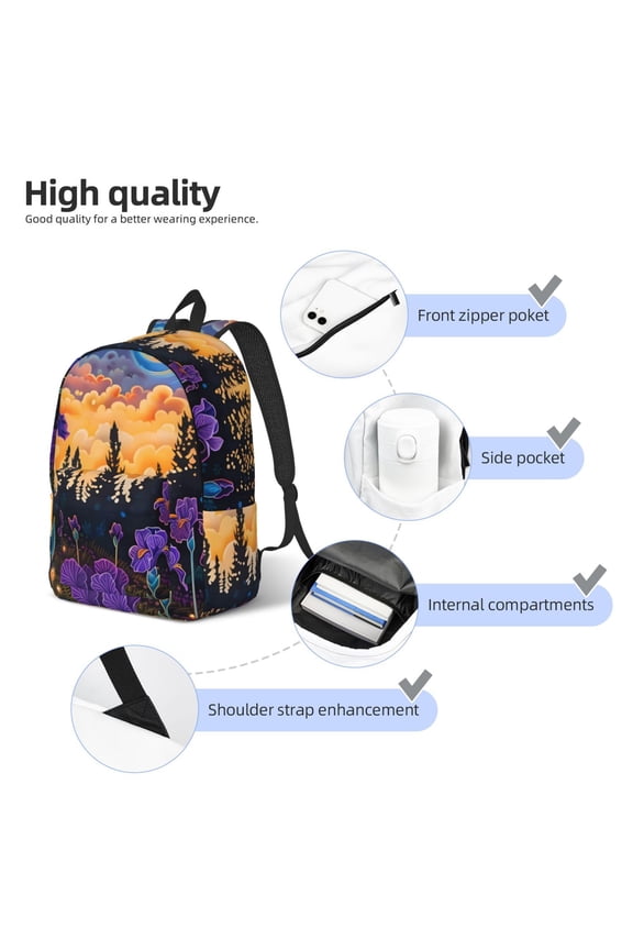 Cosmic Irises At Twilight Print Durable Canvas College Rucksack,Laptop Excursion Backpack,Travel Notebook School Backpack,Bookbag For Men Women