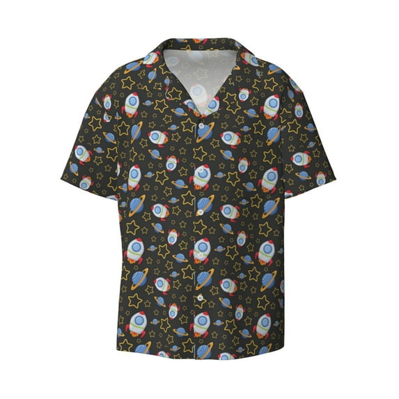 Naloa Cosmic Men's Loose Fit Cuban Collar Short-Sleeve Shirt with Button-down and Chest Pocket for Everyday Wear Outings - 3X-Large