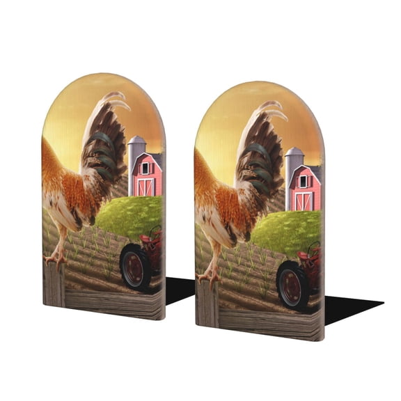 Naloa Country Farm Morning Rooster Wood Non-Skid Bookend for Shelves,Book Ends for Heavy Books, Book Stand for CDs,1 Pair
