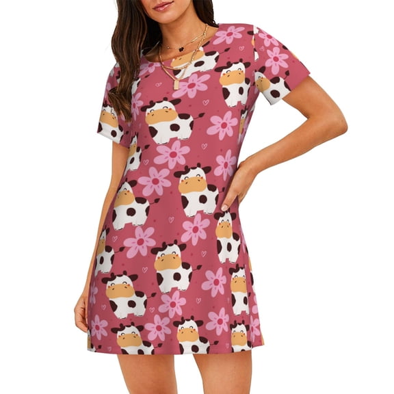 Naloa Cow And Flower Print Women Nightgowns,Womens Loungewear,Short Sleeve Sleepwear,Comfy Ladies Nightdress