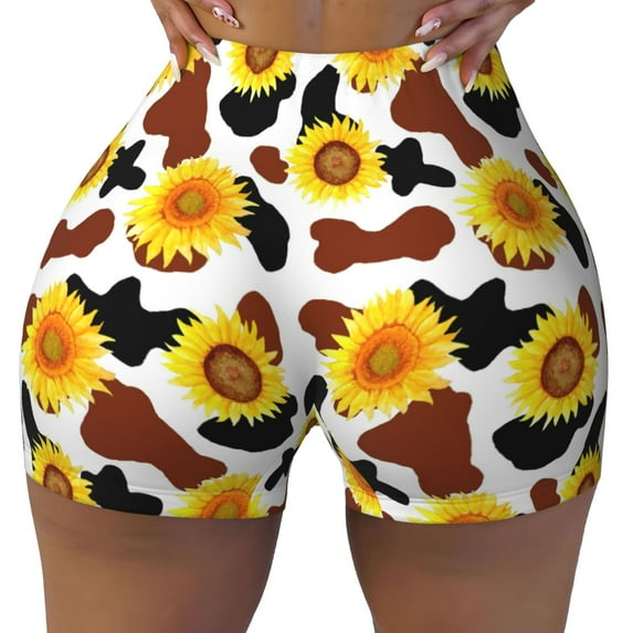 Naloa Cow Print Sunflower Biker Shorts for Women Seamless Scrunch Short Women’s Yoga Shorts for Gym Running Sport Shorts - Small