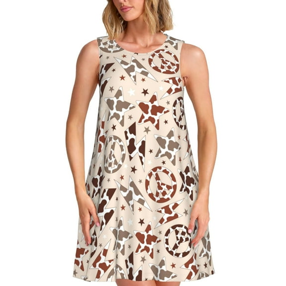 Naloa Cow Spots And Peace Print Women's Summer Spring Casual Beach Sundress,Vacation Sleeveless Tank Crewneck Loose Dresses