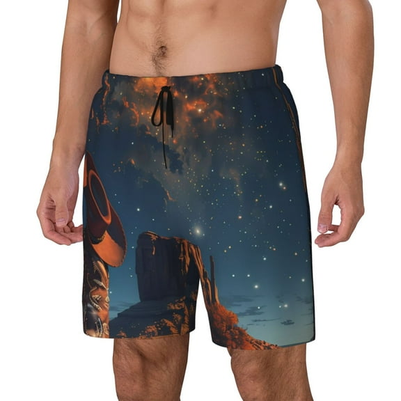 Naloa Cowboy Boots Under Starry Sky Print Men Swim Trunks with Compression Liner ,Board Shorts,Men's Swim Shorts with Drawstring and Elastic Waistband-Small