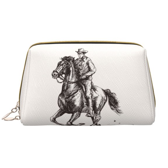 Naloa Cowboy Ride A Horse Leather Makeup Bag for Purse Travel, Portable Small Cosmetic Organizer for Women and Girls, Make up Bag with Zipper
