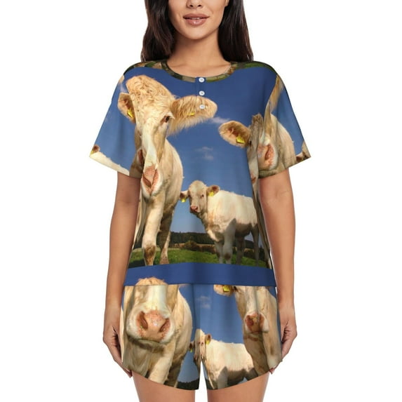 Naloa Cows Cattles Women's Short-Sleeved Pajama Set, Loungewear, Summer pajamas, Breathable Cozy - 3X-Large