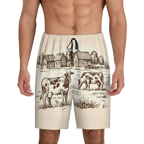 Naloa Cows On The Farm Men's Short Pajama Pants, Lounge Comfort Shorts with Elasticized Waistband and Side Pockets - Large