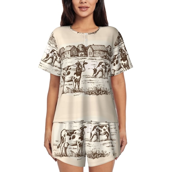 Naloa Cows On The Farm Women's Short-Sleeved Pajama Set, Loungewear, Summer pajamas, Breathable Cozy - X-Large