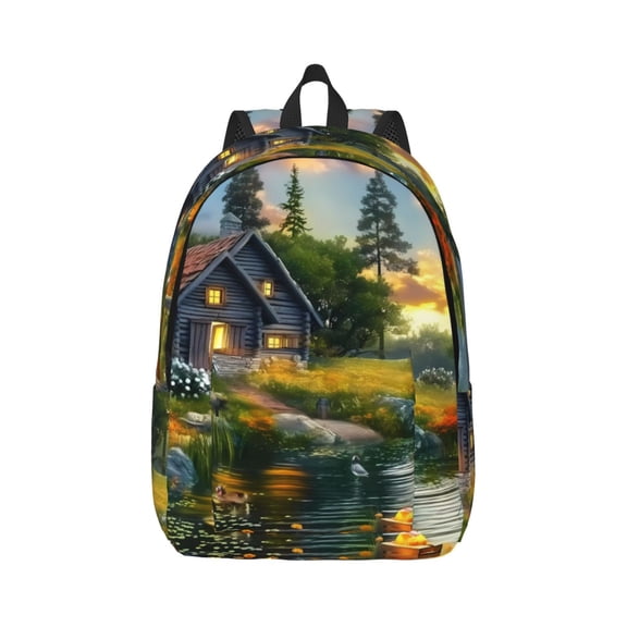 Naloa Cozy Cottage Lakeside Sunset Canvas Backpack for Men Women Rucksack Casual Travel Daypack College Tote Satchel Bookbag for Teens-Medium