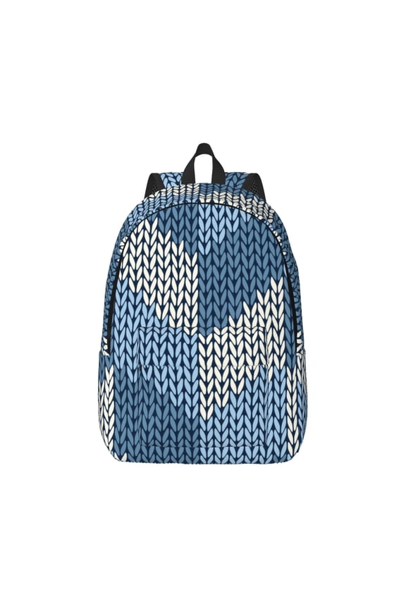 Cozy Knitted Blue Chevron Canvas Backpack for Men Women Rucksack Casual Travel Daypack College Tote Satchel Bookbag for Teens-Small