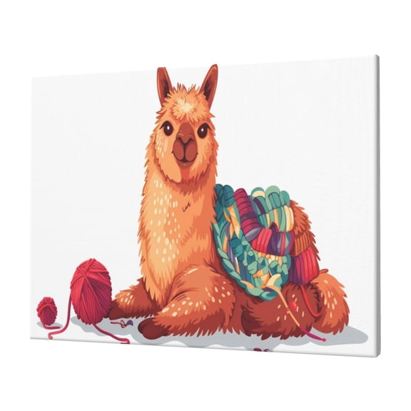 Naloa Cozy Knitting Llama Print Canvas Picture,Wall Pictures, Modern Decorative Poster,Art Prints for Bedroom, Toilet, 40 x 30 cm, Built-in Wooden Frame