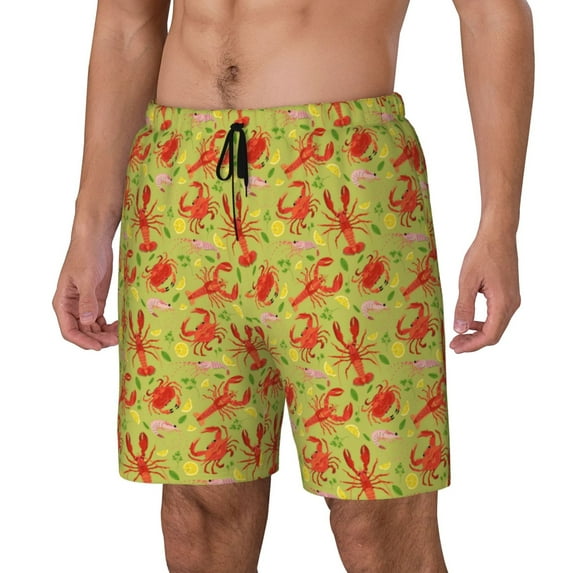 Naloa Crab Lobster Print Men Swim Trunks with Compression Liner ,Board Shorts,Men's Swim Shorts with Drawstring and Elastic Waistband-Medium