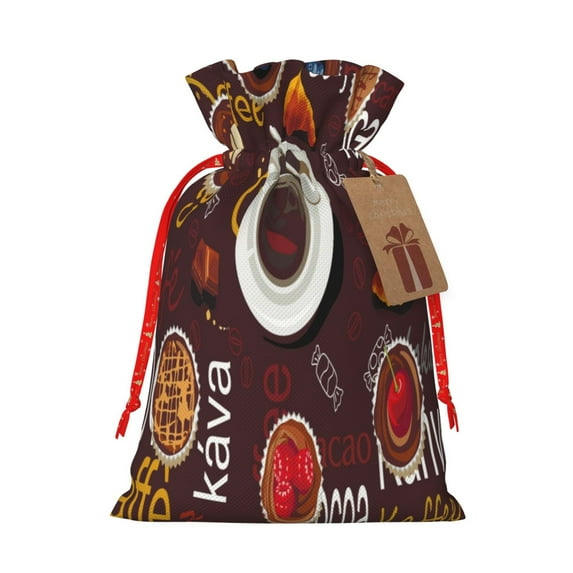 Naloa A Cup Of Black Coffee On A Saucer Drawstring Christmas Bags, 3D Xmas Gift Bags, Christmas Wrapping Bags, Xmas Goodie Bags, Treat Pouch Bags, Party Favor Bags-Medium