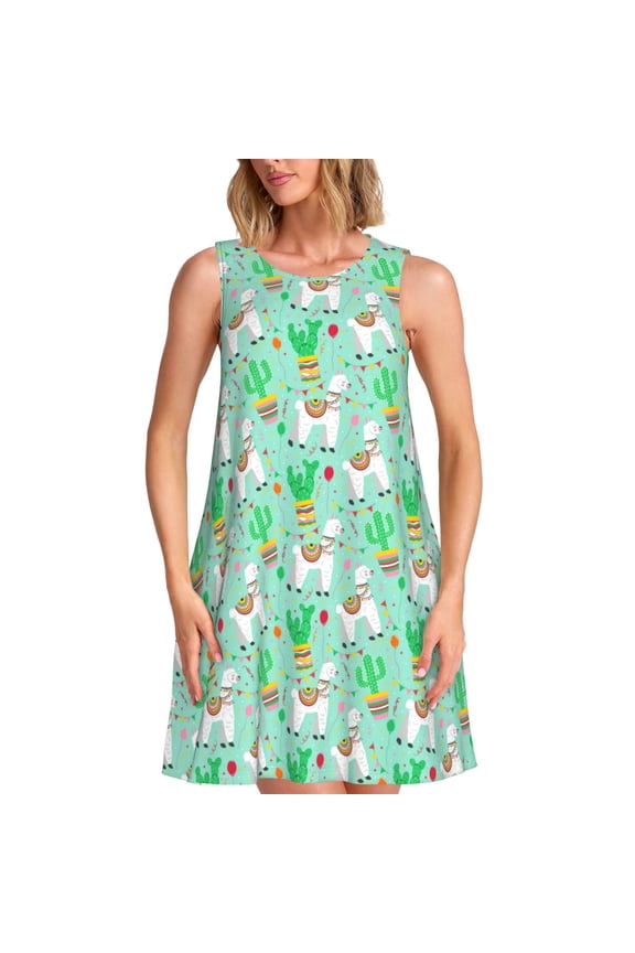 Cute Alpaca 1 Print Women's Summer Spring Casual Beach Sundress,Vacation Sleeveless Tank Crewneck Loose Dresses